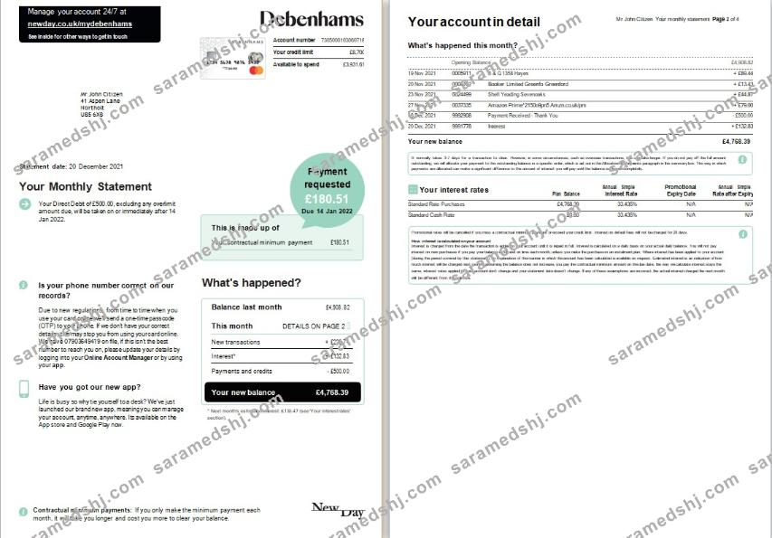 United Kingdom Debenhams card monthly statement Word and PDF template, 4 pages